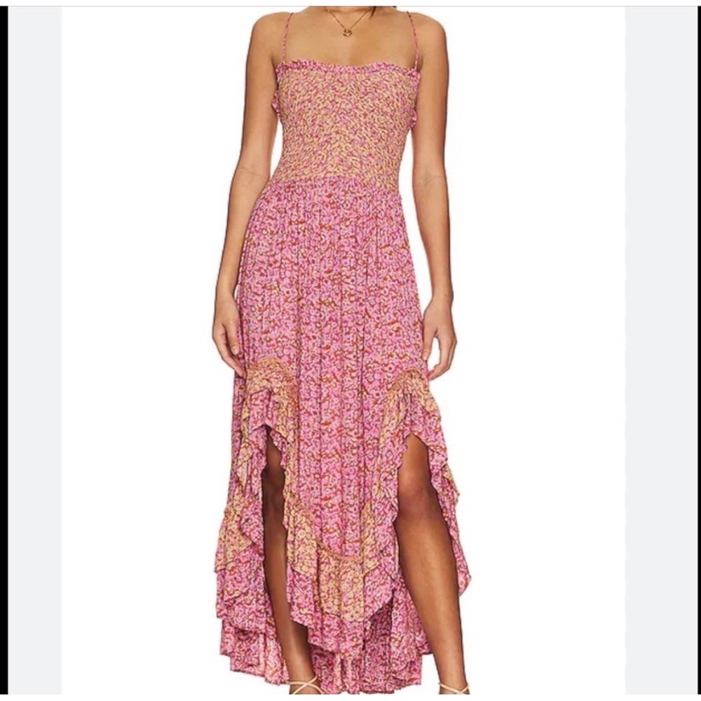 Free People One I Love Maxi Dress Women S Pink Floral Smocked Ruffle High Lo EUC
